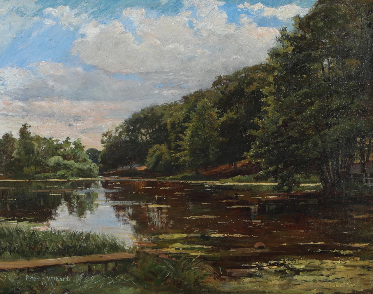 1866-Peter Hans Wilhardt - Paesaggio estivo con un lago nella foresta - 1915